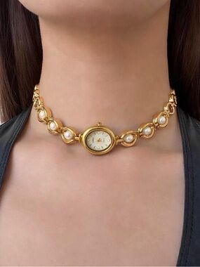 HANDMADE Gold Chain Pearl Working Watch” Clock Vintage Style Chocker Necklace